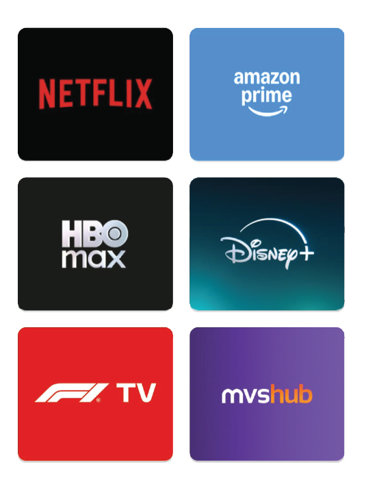 Netflix, Amazon Prime, HBO Max, Disney+, F1 TV, mvshub